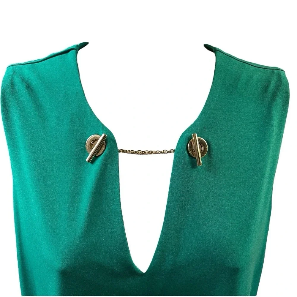 Calvin‎ Klein Shift Dress Womens 6 Green Gold Chain Detail Sleeveless V-Neckline - Picture 3 of 10